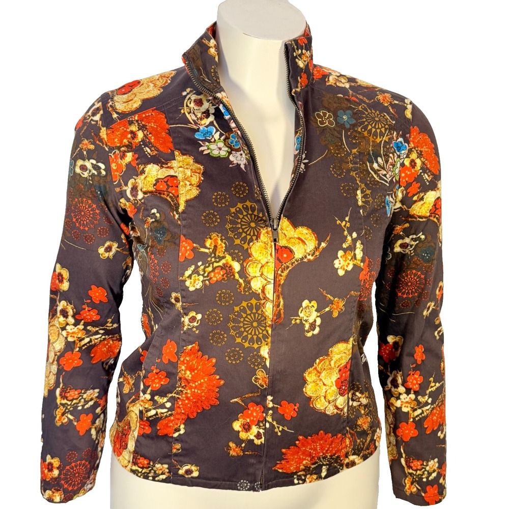 Chico's Jacket Blazer Women's S (0) Brown Red Gold Floral Cherry Blossom Zip Up
